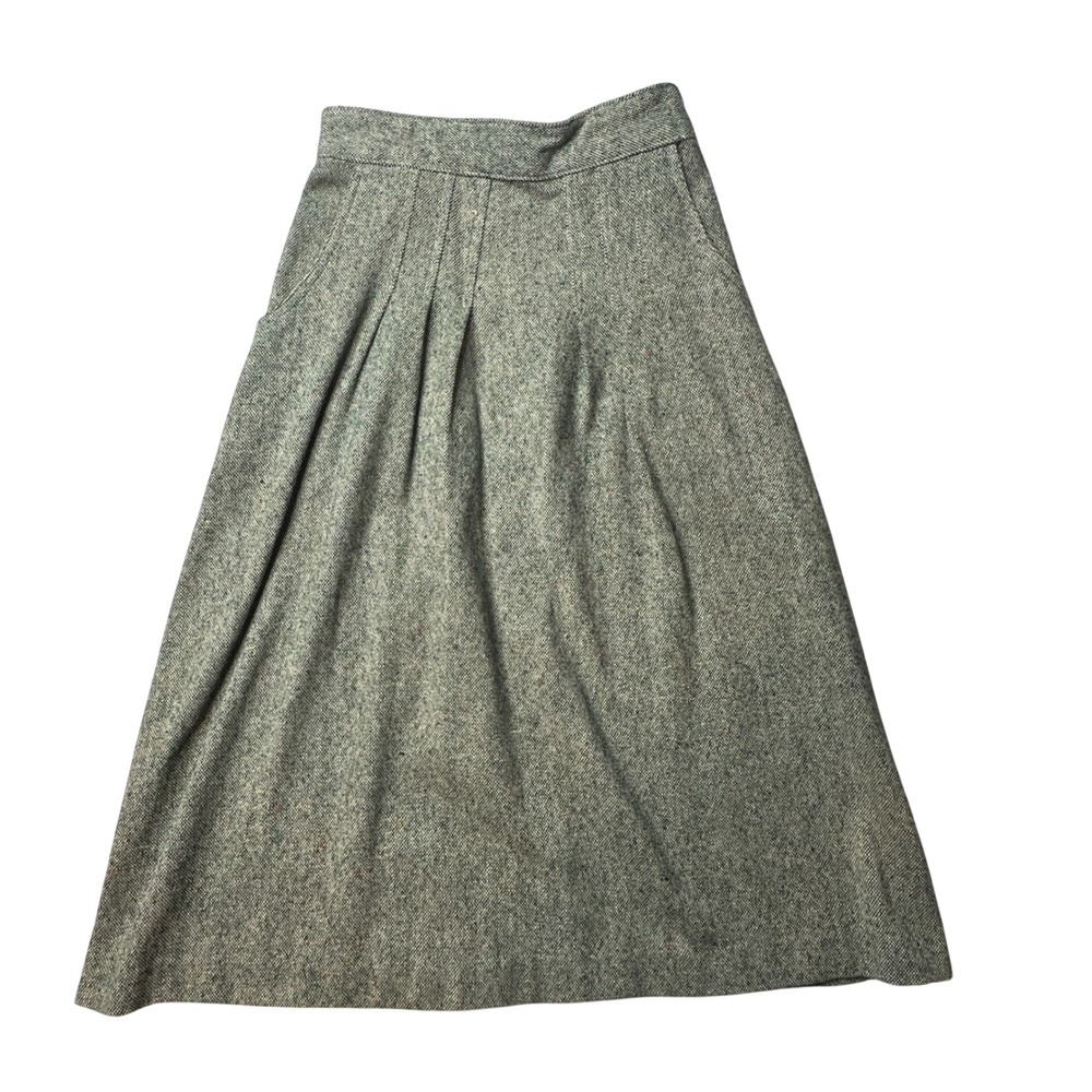 Vintage Tweed Skirt Womens 26 Green Pleated A-Line Midi Side Button Pockets 80s